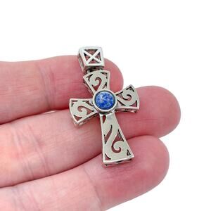 Estate Sterling Silver 925 Ornate Blue Lapis Lazuli Cross Pendant